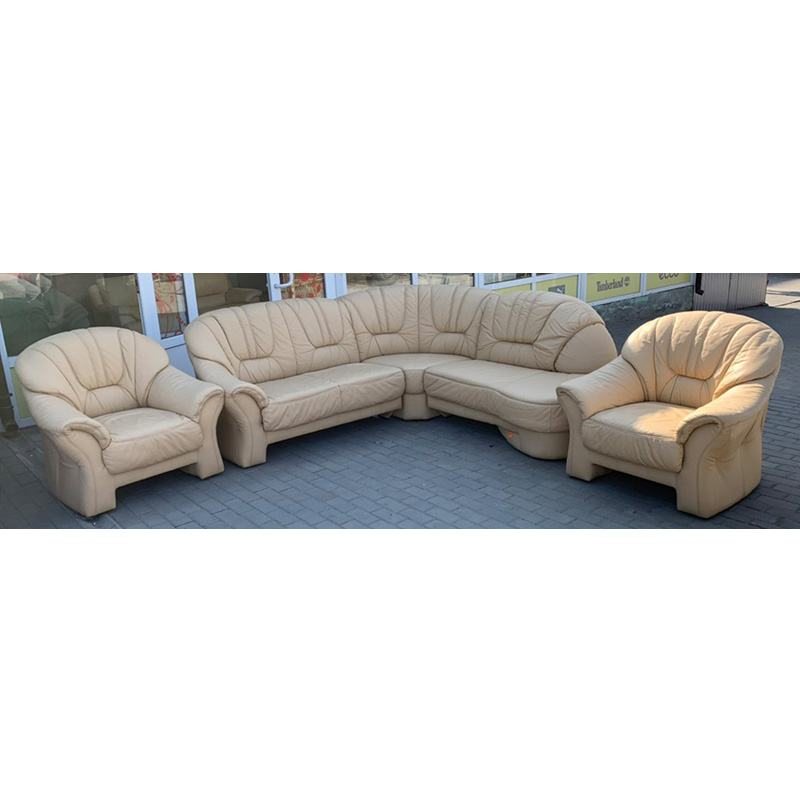 Комплект мебели угловой диван + два кресла кожаный бежевый 0803080311