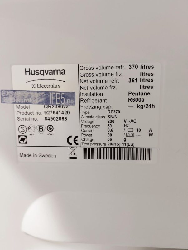 Холодильник однокамерний Husqvama QR2090W 80W 361л sn 84902066 n382