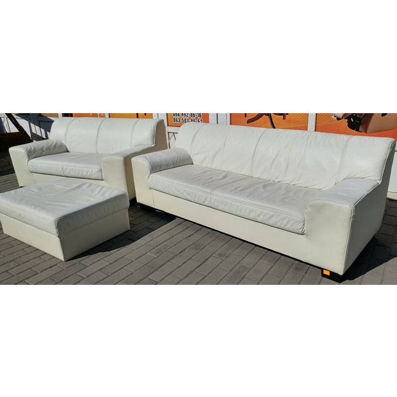 Комплект мебели два дивана+пуфик кожаный белый 0110011001