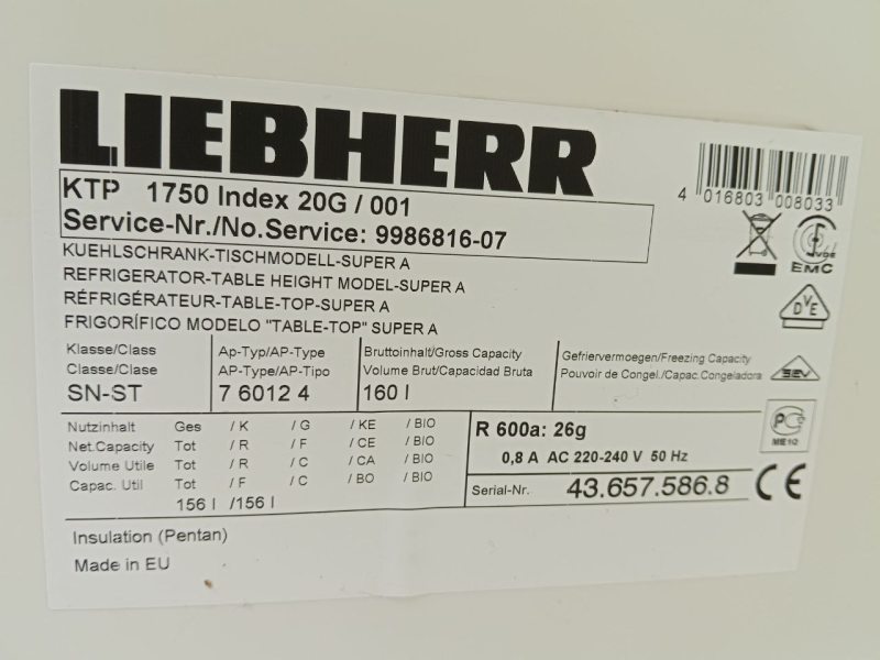 Холодильник однокамерний Liebherr KTR1750 index 20G 80W 156л sn 436575868