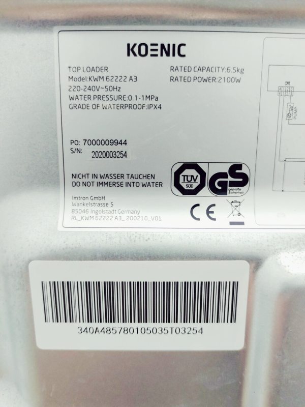 Пральна машина вертикальна Koenic KWM 62222 A3