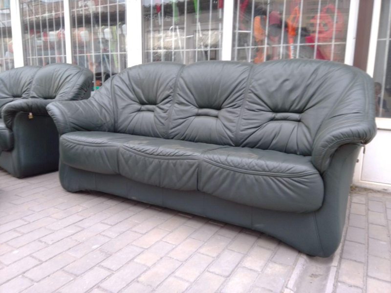 Комплект мебели 2 дивана + кресло кожаный темно-зеленый  20200410020