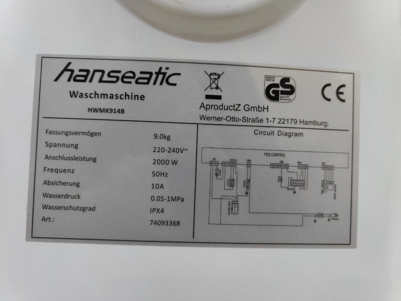 Пральна машина Hanseatic HWMK914B 2000W 9кг sn 74093368