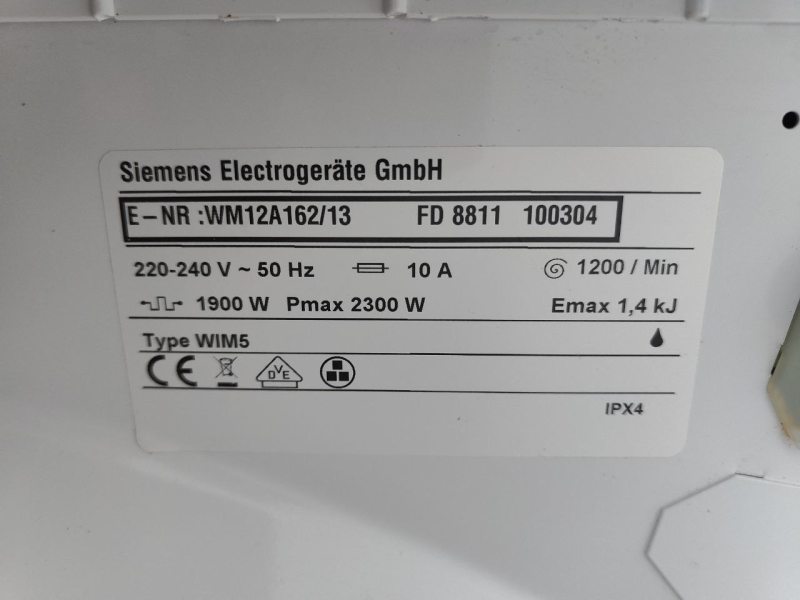 Пральна машина SIEMENS WM12A162 2300W 6кг sn 8811100304